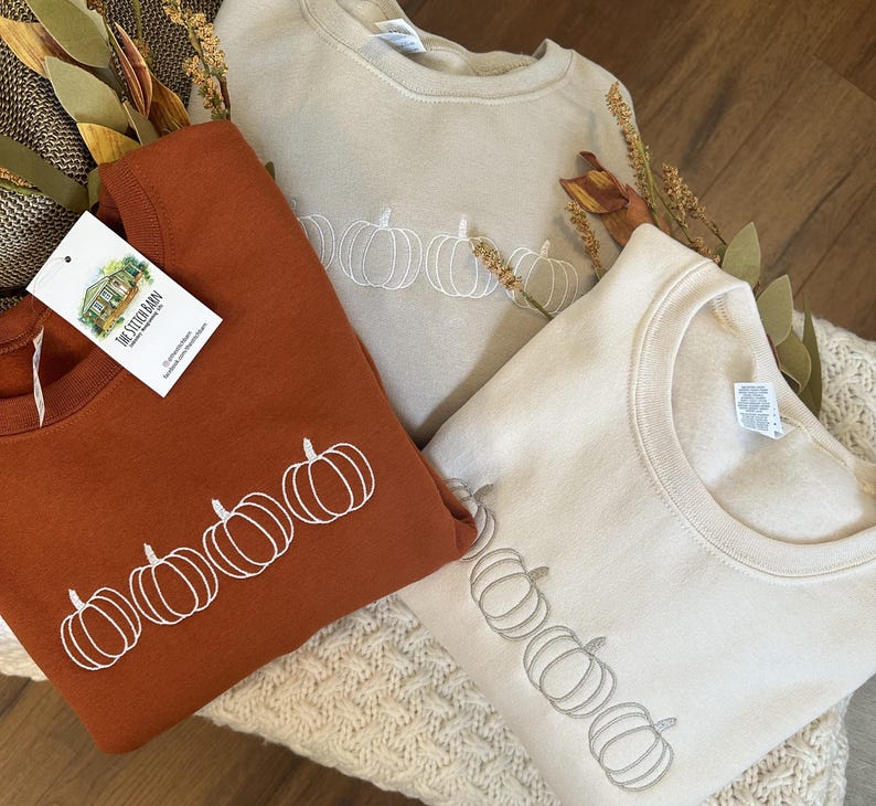 Pumpkin Outline Embroidered Sweatshirt- Pumpkin Outline Pullover - Simple Fall Pumpkin Crewneck - Minimal Fall Sweatshirt - Thanksgiving image 2
