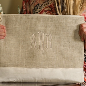 Monogrammed Linen Cosmetic Pouch, Personalized Cosmetic Bag, Large Zippered Pouch, Bridesmaid Gift, Graduation Gift, Mother's Day Gift
