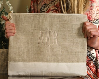 Monogrammed Linen Cosmetic Pouch, Personalized Cosmetic Bag, Large Zippered Pouch, Bridesmaid Gift, Graduation Gift, Mother's Day Gift