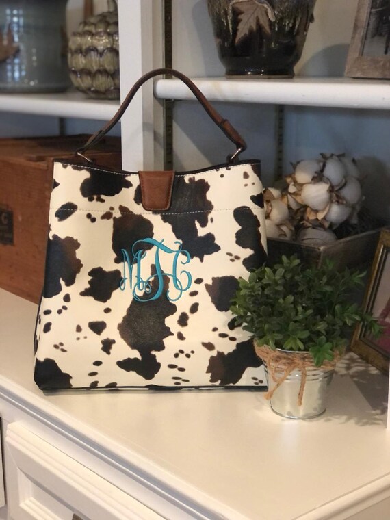 Monogram Cow Print Handbag Monogrammed Vegan Leather Hobo