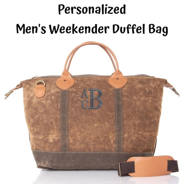 Monogram Waxed Canvas Duffel, Men's Duffel Weekender Bag, Personalized Men's Weekender Duffel, Gifts for Him, Groomsmen Gift