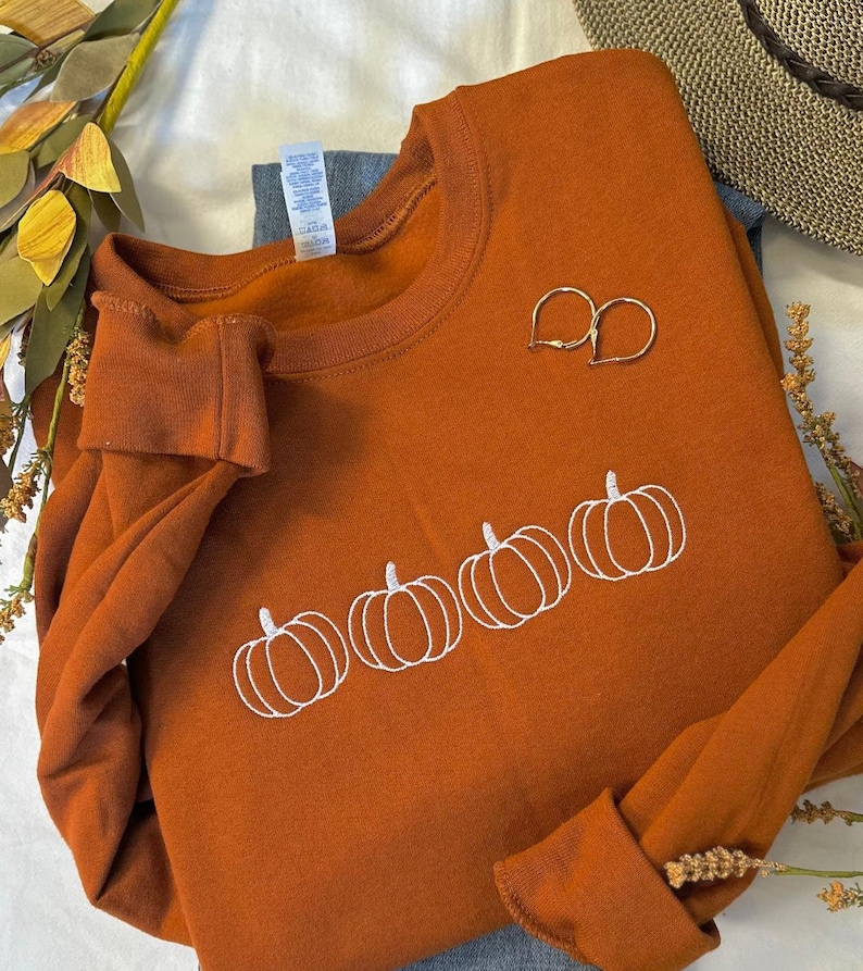 May include: A rust-colored sweatshirt with a white embroidered design of four pumpkins. The sweatshirt has a crew neck and long sleeves.