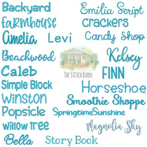 Puede incluir: Una colecci&oacute;n de estilos de fuente bordados en azul y azul claro para dise&ntilde;os de bordado. Los estilos de fuente incluyen Backyard, Farmhouse, Amelia, Levi, Beachwood, Caleb, Simple Block, Winston, Popsicle, Willow Tree, Bella, Story Book, Emilia Script, Crackers, Candy Shop, Kelsey, FINN, Horseshoe, Smoothie Shoppe, Springtime Sunshine y Magnolia Sky. El texto "THE STITCH BARN" tambi&eacute;n es visible en la imagen.