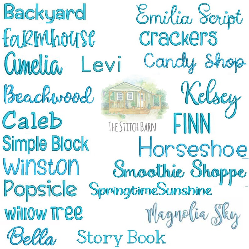 Puede incluir: Una colecci&oacute;n de estilos de fuente bordados en azul y azul claro para dise&ntilde;os de bordado. Los estilos de fuente incluyen Backyard, Farmhouse, Amelia, Levi, Beachwood, Caleb, Simple Block, Winston, Popsicle, Willow Tree, Bella, Story Book, Emilia Script, Crackers, Candy Shop, Kelsey, FINN, Horseshoe, Smoothie Shoppe, Springtime Sunshine y Magnolia Sky. El texto "THE STITCH BARN" tambi&eacute;n es visible en la imagen.