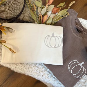 Pumpkin Comfort Colors Embroidered Tee - Pumpkin Outline T-Shirt - Simple Fall Pumpkin Crewneck T-Shirt - Minimal Fall Long Sleeve T-Shirt image 3