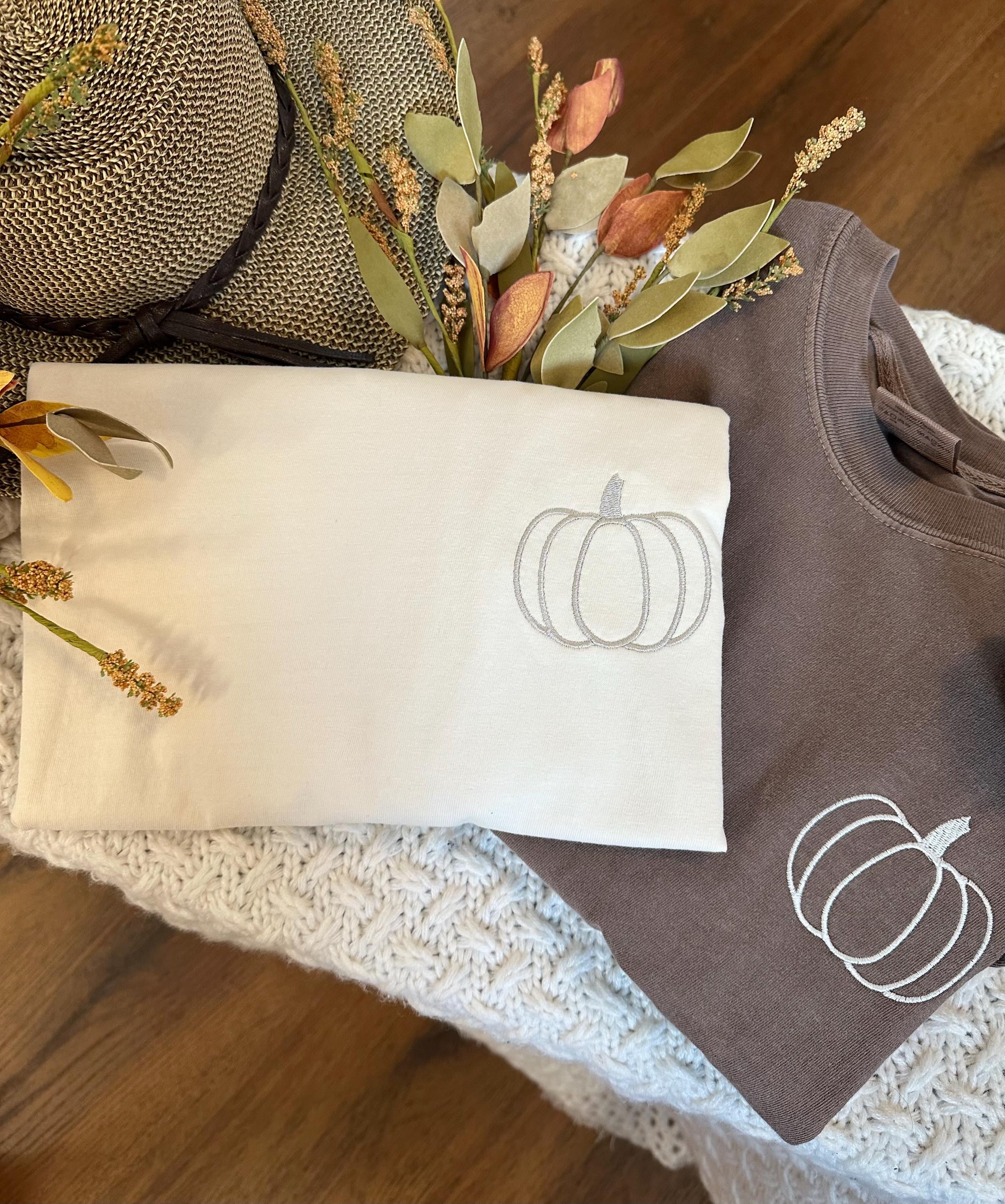 Pumpkin Comfort Colors Embroidered Tee - Pumpkin Outline T-Shirt - Simple Fall Pumpkin Crewneck T-Shirt - Minimal Fall Long Sleeve T-Shirt