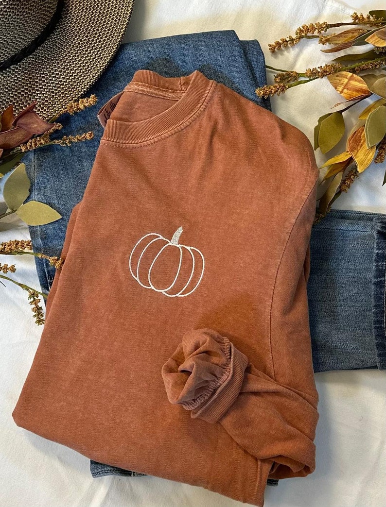May include: A long-sleeved, rust-colored t-shirt with a white embroidered pumpkin design.