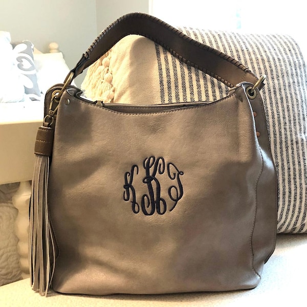 Monogrammed Vegan Leather Hobo, Personalized Large Tassel Handbag, Leather Handbag, Monogrammed Satchel, Robin