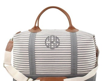 Monogrammed Canvas Gray Striped Weekender Bag, Personalized Gray Striped Weekender Bag, Canvas Bag, Travel Bag, Graduation, Overnight Bag