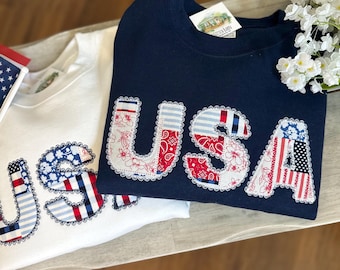 USA Americana Lace Applique Sweatshirt - Embroidered 4th of July Crewneck - Vintage Americana Pattern Lightweight Crew