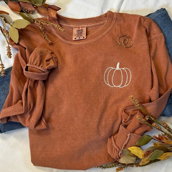 Pumpkin Comfort Colors Embroidered Tee - Pumpkin Outline T-Shirt - Simple Fall Pumpkin Crewneck T-Shirt - Minimal Fall Long Sleeve T-Shirt