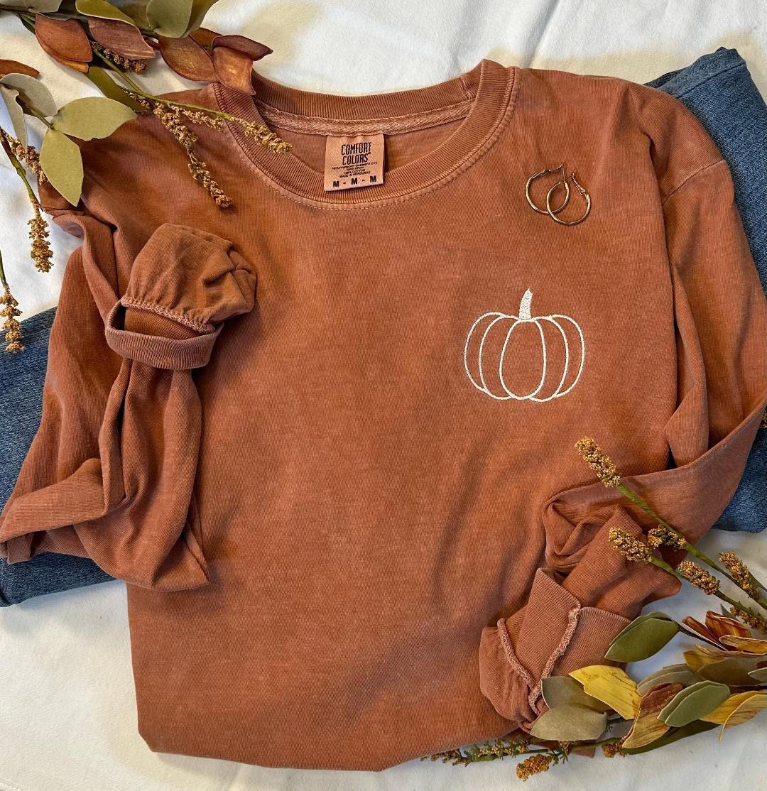 Pumpkin Comfort Colors Embroidered Tee - Pumpkin Outline T-Shirt - Simple Fall Pumpkin Crewneck T-Shirt - Minimal Fall Long Sleeve T-Shirt
