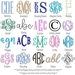 Pu&ograve; includere: Un grafico di 10 diversi stili di monogramma, ognuno con un nome diverso. Gli stili includono: Sammy, Interlock, Stacked Book, Master Circle, Randy, Script, Betsy, Fairfax, Circle Letter, Oval, Maggie, Book, Fishtail, Curly, Diamond, Empire, Dazzling, Circle, Diane ed Elegant.