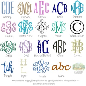 May include: A collection of monogram fonts in various styles and colors, including script, circle, and stacked fishtail designs. Each font is labeled with a name, such as "Sammy" and "Diane". The Stitch Barn logo is in the bottom right.
