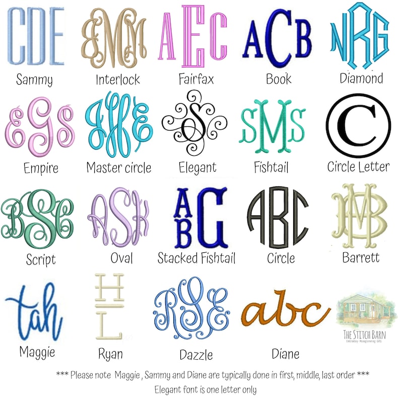 May include: A collection of monogram fonts in various styles and colors, including script, circle, and stacked fishtail designs. Each font is labeled with a name, such as "Sammy" and "Diane". The Stitch Barn logo is in the bottom right.