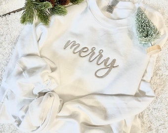 Merry Embroidered Crewneck Sweatshirt, Holiday Sweatshirt, Simple Christmas Sweatshirt, Cute Holiday Crewneck Sweatshirt