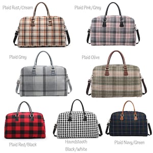 May include: Six different styles of plaid and houndstooth travel bags. The bags are all brown leather with a top handle and a shoulder strap. The bags are in the following colors: rust and cream, pink and grey, grey, olive, red and black, and navy and green.