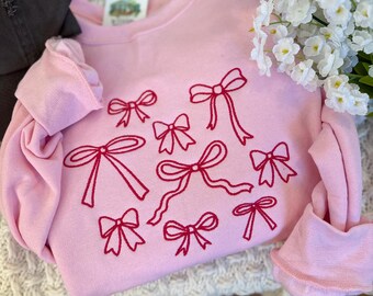 Embroidered Bow Collage Crewneck Sweatshirt - Trendy Bow Sweatshirt - Dainty Bow Crewneck - Girly Girl Top - Embroidered Bow Ribbon Crew