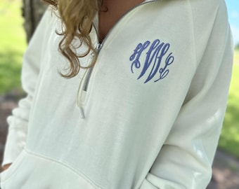 Embroidered Oversized Boxy Half Zip Sweatshirt -Personalized Ladies Half Zip - Oversized Monogram Pullover - Custom Zip Up - Bridal Party