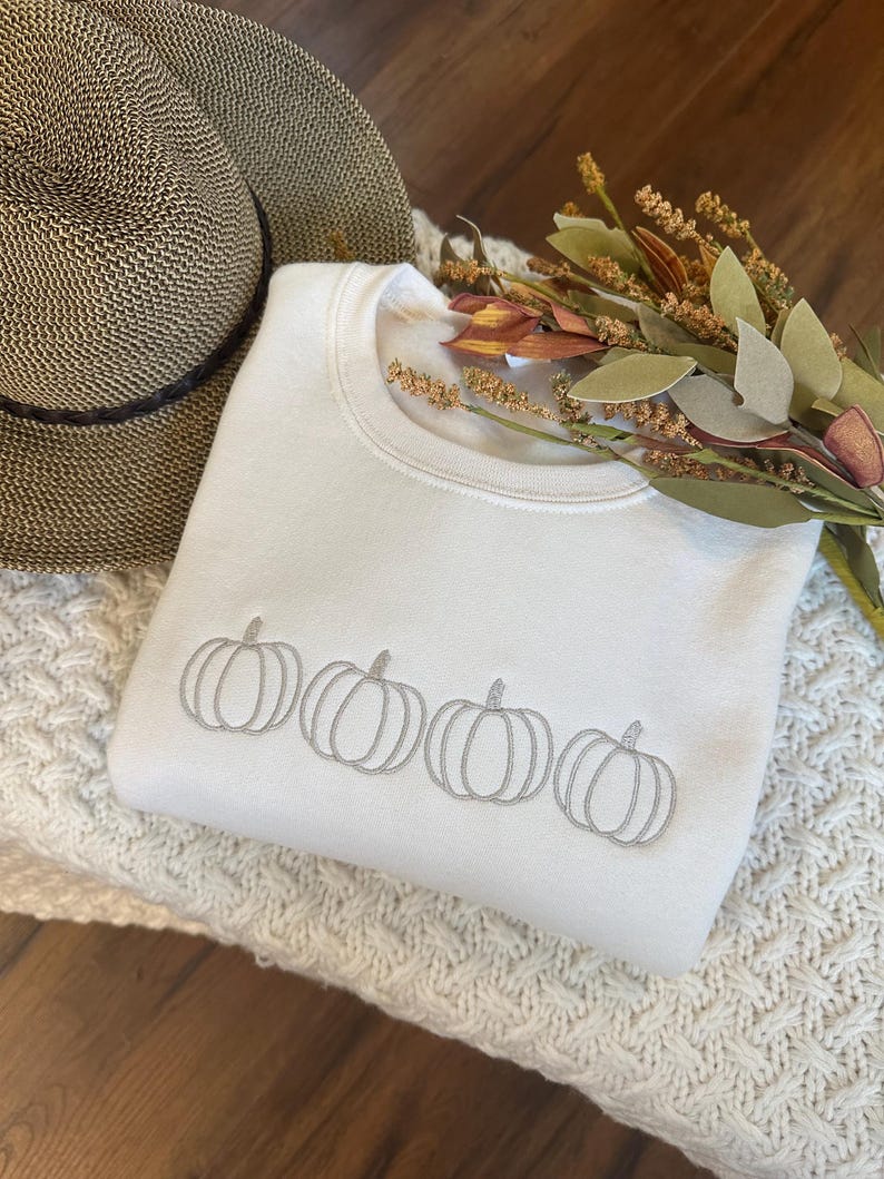 Pumpkin Outline Embroidered Sweatshirt- Pumpkin Outline Pullover - Simple Fall Pumpkin Crewneck - Minimal Fall Sweatshirt - Thanksgiving image 4
