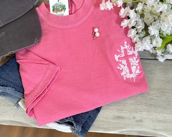 Floral Cross Embroidered Crewneck T-Shirt - Comfort Colors Floral Cross T-Shirt - Faith Based T-Shirt - Christian Gift - Cross Tee