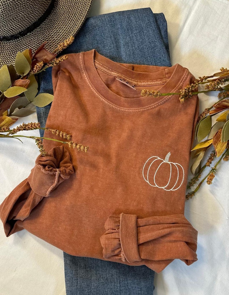May include: A long-sleeved, rust-colored t-shirt with a white embroidered pumpkin design. The shirt is made of a soft, comfortable fabric and has a relaxed fit.