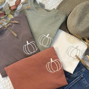 Pumpkin Comfort Colors Embroidered Tee - Pumpkin Outline T-Shirt - Simple Fall Pumpkin Crewneck T-Shirt - Minimal Fall Long Sleeve T-Shirt image 2