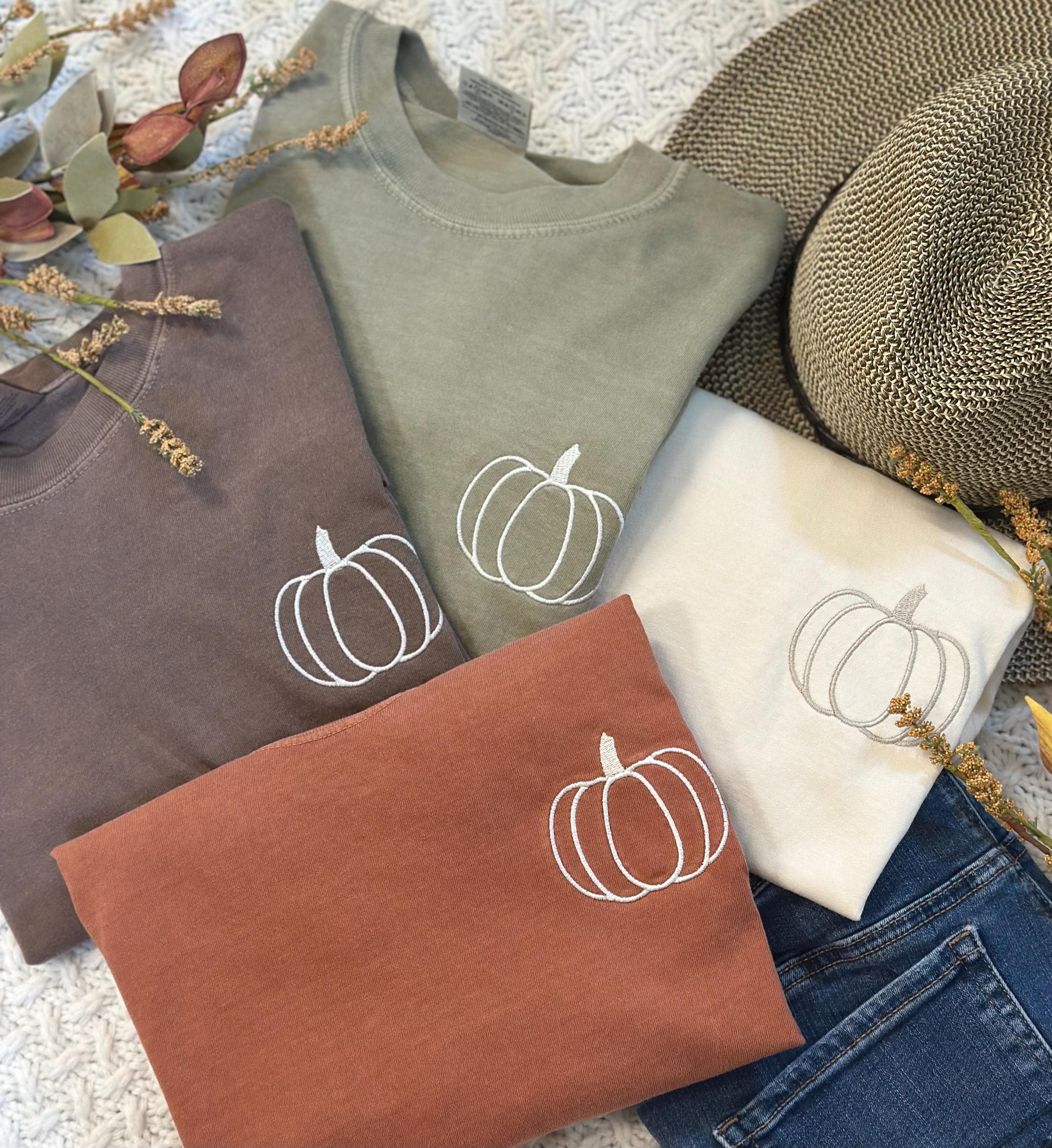 Pumpkin Comfort Colors Embroidered Tee - Pumpkin Outline T-Shirt - Simple Fall Pumpkin Crewneck T-Shirt - Minimal Fall Long Sleeve T-Shirt