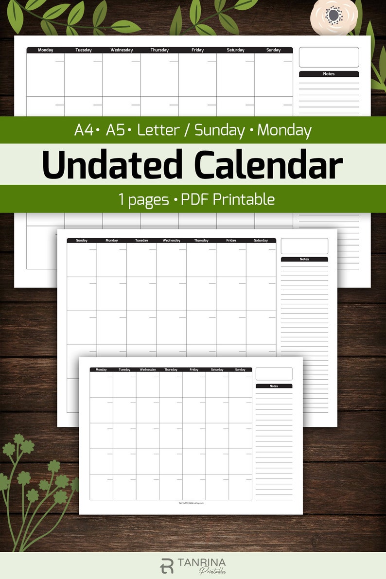 undated blank calendar printable monthly wall calendar a4 a5 etsy