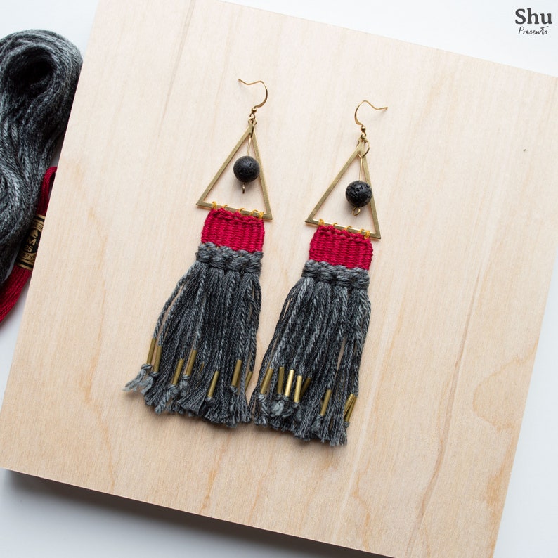 Triangle Tapestry Earrings Maria Woven Fiber Art Earrings Etsy