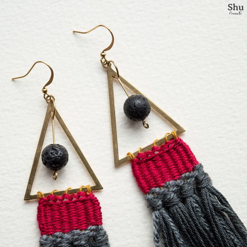 Triangle Tapestry Earrings Maria Woven Fiber Art Earrings Etsy