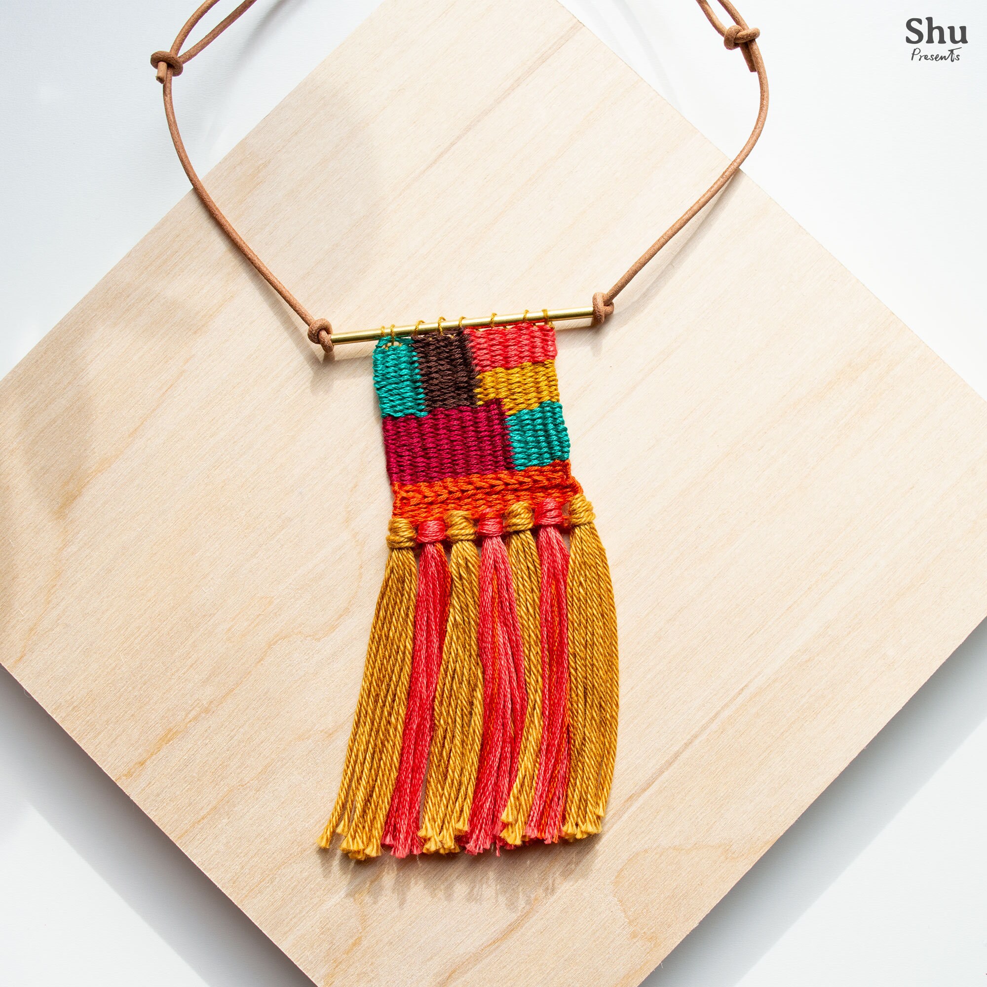 Tapestry Necklace Autumn: Hand-woven Fiber Art Necklace, Handmade 