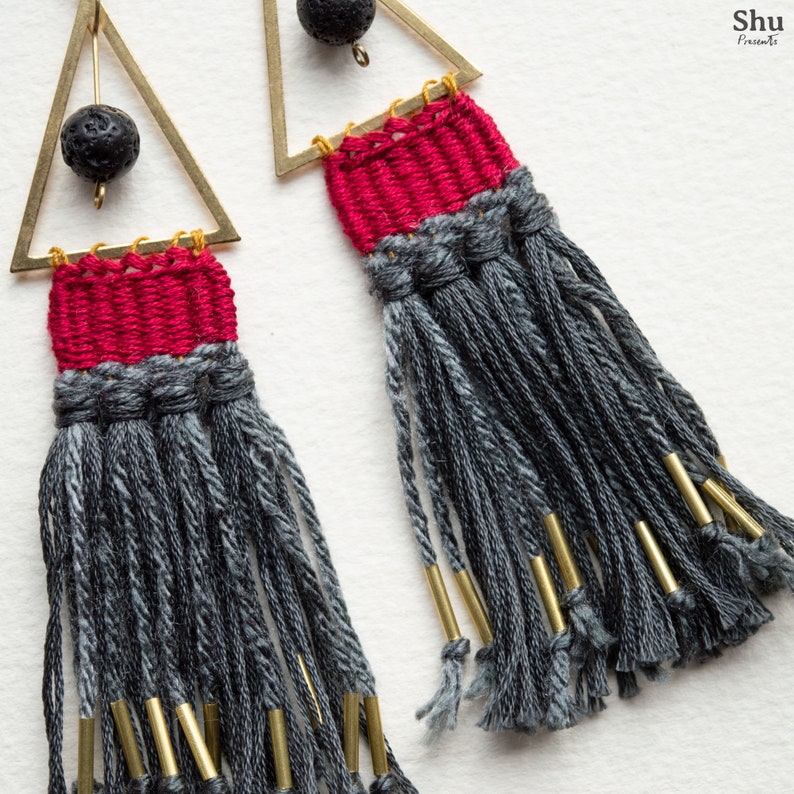 Triangle Tapestry Earrings Maria Woven Fiber Art Earrings Etsy