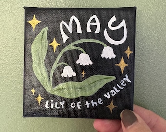 May Birth flower mini canvas, folk art, lily of the valley, 10x10cm hand painted