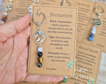 May include: A brown card with the words "Protection" and "Good Luck" printed on it. The card features a silver charm with a world map design and a string of black, brown, and gold beads. The card also includes descriptions of the stones and their properties, including black tourmaline, tiger eye, hematite, green aventurine, and citrine.