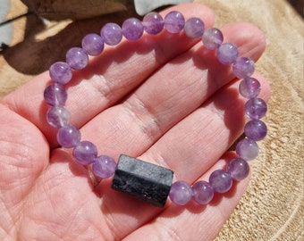 Handmade Amethyst & Raw Black Tourmaline Bracelet, Crystal Protection
