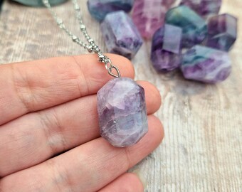 Rainbow Fluorite Pendant Necklace, Stainless Steel Chain
