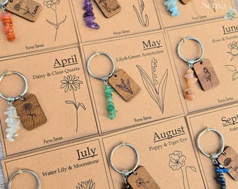 Personalised Birth month Flower Crystal Chip Keyring. Custom Engraved Wood Name Tag and Genuine Gemstone birthday gift for her