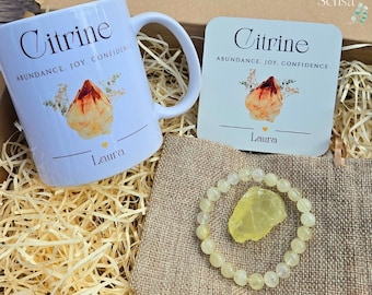 Personalised Crystal Gift Set, Bracelet, Mug, Coaster, Pouch (Citrine, Amethyst, etc.)
