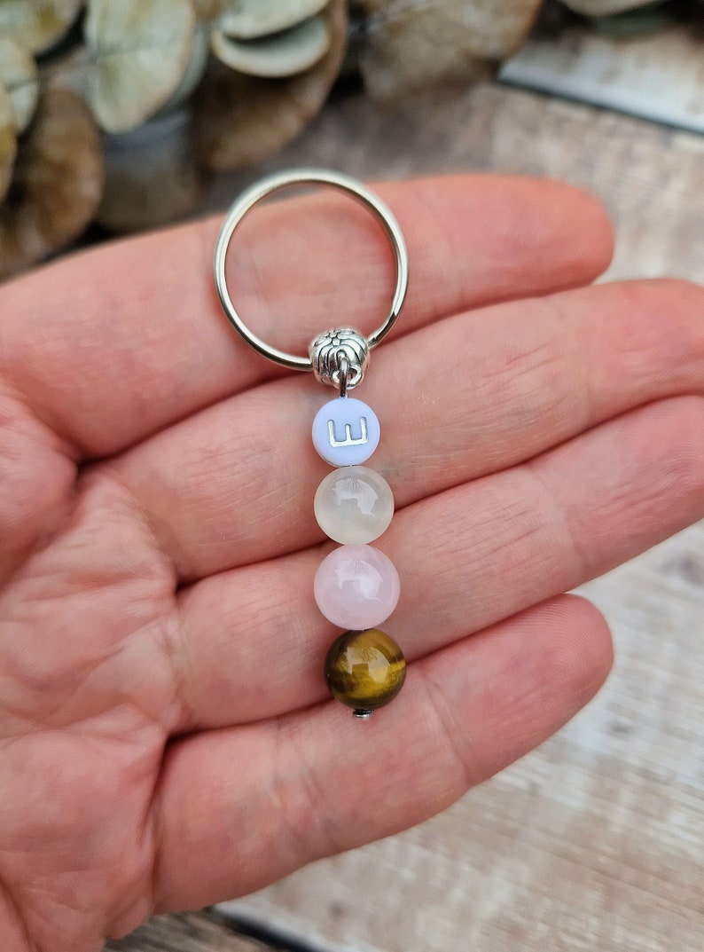 May include: A silver keychain with a charm of four gemstone beads in light blue, white, pink, and brown. The top bead has the letter "W". The keychain is held in a hand.