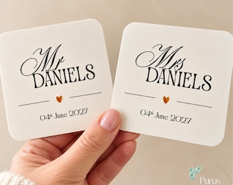 Personalised Wedding Coaster Gift Set. Mr and Mrs Newlywed Anniversary Present and Custom Bridal Shower Keepsake Table Decor