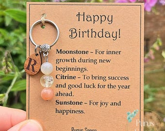 Personalized Birthday Crystal Keyring, Natural Gemstone Initial Charm