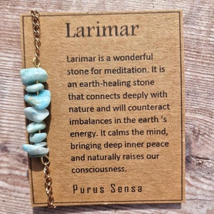 May include: A gold chain necklace with light blue Larimar beads. The card reads "Larimar is a wonderful stone for meditation. It is an earth-healing stone that connects deeply with nature and will counteract imbalances in the earth's energy. It calms the mind, bringing deep inner peace and naturally raises our consciousness. Purus Sensa"