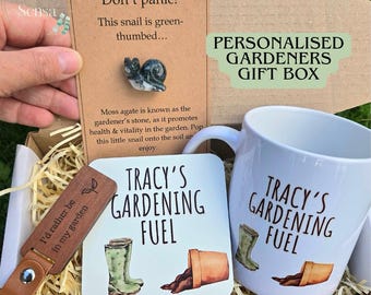Personalised Gardening Gift Box, Gardener Mug and Coaster Set, Gardening Gifts for Her, Plant Lover Gift, Moss Agate Snail and keyring