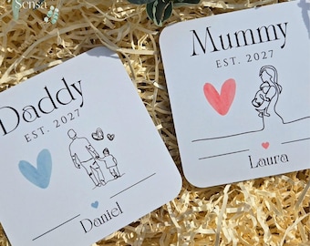 Personalised Mummy and Daddy Coaster Set. Matching New Parents Anniversary Gift and Custom Pregnancy Reveal Baby Shower Keepsake