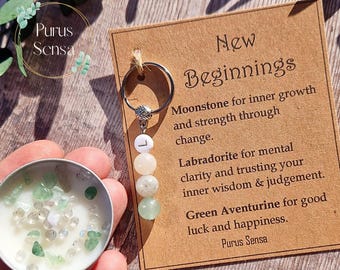 NEW BEGINNINGS. Crystal candle gift for New beginnings keyring Crystals for new job / new school / graduation / new home breakup / chapter