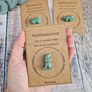 Personalised Dinosaur gift. Genuine Dinosaur crystal on a personalised gift card for him / for her. Dinosaur friendship / birthday