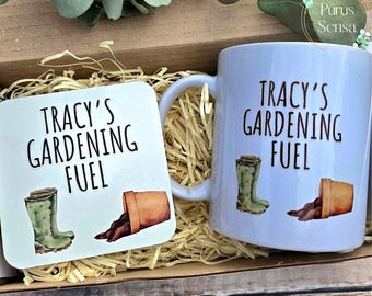 Personalised Gardening mug and coaster gift set for gardener. Plant lover gift