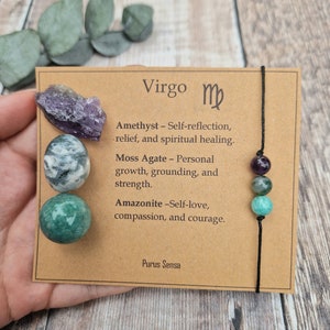 Parure di cristalli VIRGO. Dono della Vergine. Regalo di cristallo per la Vergine. Cristallo zodiacale incastonato su una scheda descrittiva.  Bracciale Virgo e set di cristalli. Segno zodiacale