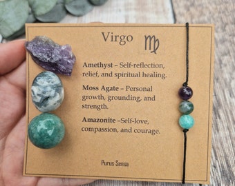 VIRGO crystal set. Virgo gift. Crystal gift for virgo. Zodiac crystal set on a descriptive card.  Virgo bracelet and crystal set. Star sign